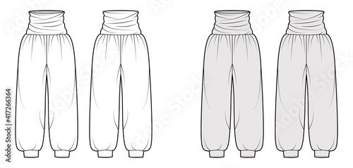 Pants zouave technical fashion illustration with normal draped waist, rise, pleats, wide legs, oversized. Flat trousers apparel template front, back, white, grey color. Women, men, unisex CAD mockup photo