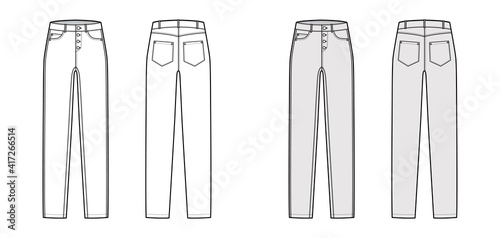 Jeans botton fly tapered Denim pants technical fashion illustration with full length, low waist, rise, 5 pockets. Flat bottom template front, back, white grey color style. Women men, unisex CAD mockup