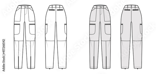 Set of Parachute pants technical fashion illustration with normal waist, high rise, pockets, belt loops, full lengths. Flat template front back, white, grey color style. Women, men, unisex CAD mockup