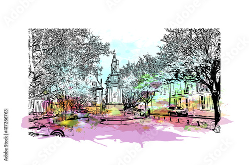 Building view with landmark of Bourges is the
commune in France. Watercolour splash with hand drawn sketch illustration in vector.