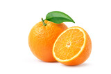 Orange  with cut in half and green leaf isolated on white background. clipping path.