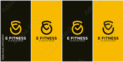 E fitness logo logo with Kettlebell fitness vector icon design and Barbell Fitness Gym Logo Design.