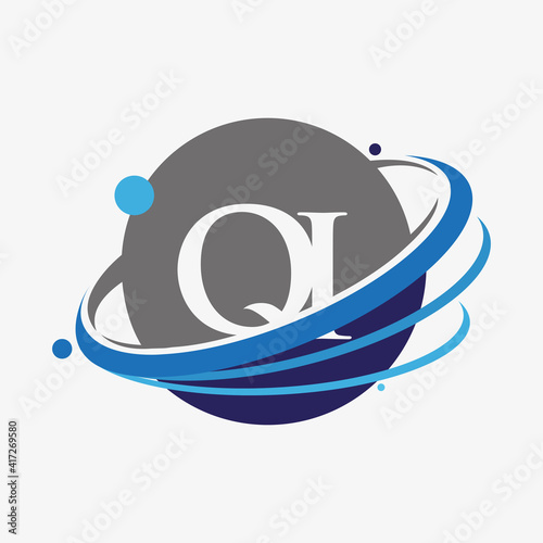 initial letter QI logotype company name colored blue and grey swoosh and globe design. isolated on white background.