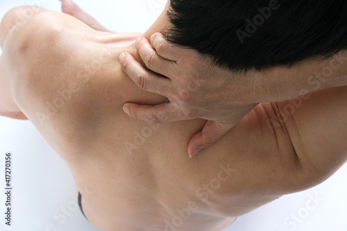 Neck pain, shoulder pain, health concept, white background