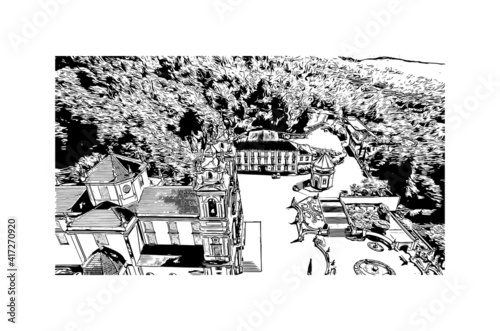 Building view with landmark of The district of Braga is a district in the northwest of Portugal. Hand drawn sketch illustration in vector.