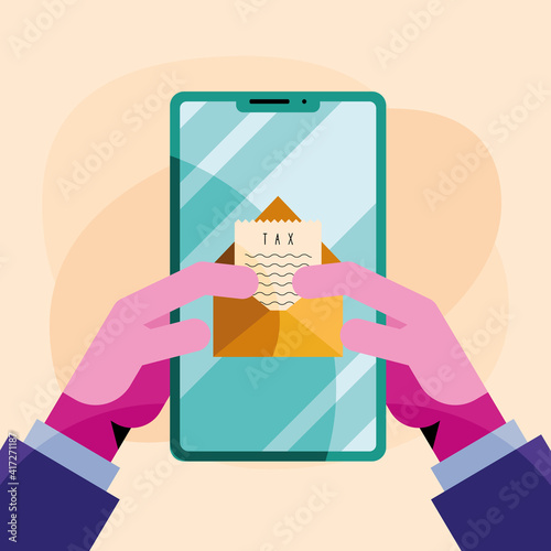 hands using smartphone with tax document in envelope