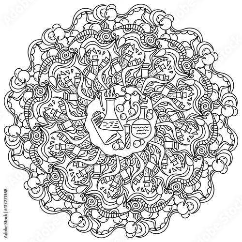 Contour mandala on science theme, coloring page with various scientific flasks, test tubes and molecular structure models