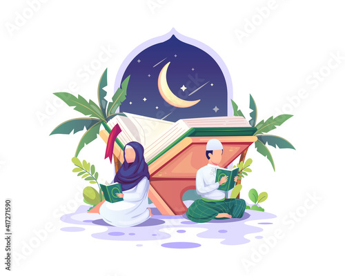 Muslim couple reading and studying the Quran during Ramadan Kareem holy month