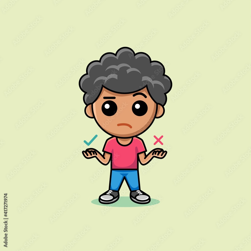 Cute boy thinking of choices. Yes or No cartoon illustration