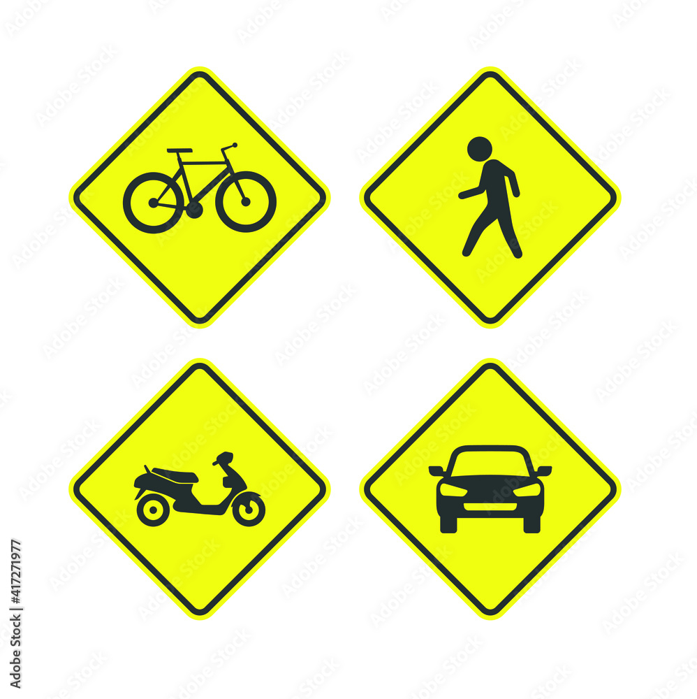 traffic sign: pedestrians, motorcycle , bicycles and cars.