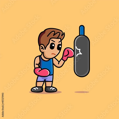 Cute boy punching sand sack cartoon illustration