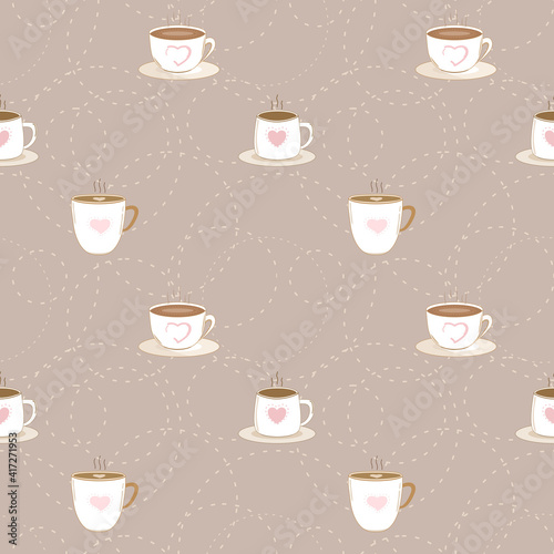 Vector - Abstract seamless pattern of cute hot coffee cup with heart logo on brown background. 