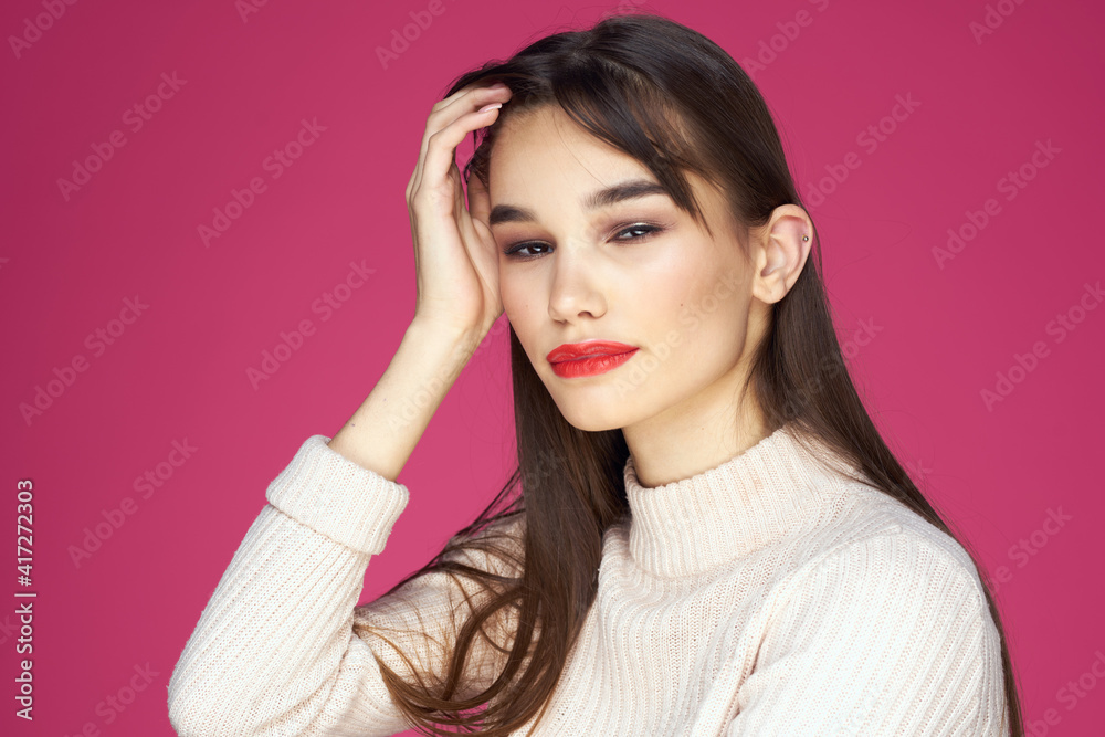 Woman with red lips bright makeup white blouse long hair pink background Woman with red lips bright makeup white blouse long hair pink background