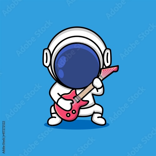 Cute astronaut rock musician is playing electrical guitar cartoon illustration