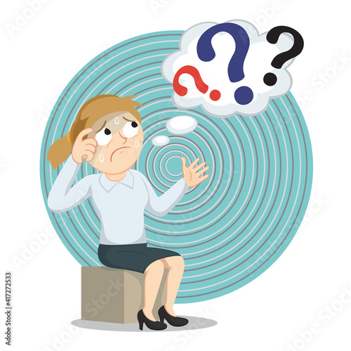 Businesswoman is thinking with question marks, illustration vector cartoon
