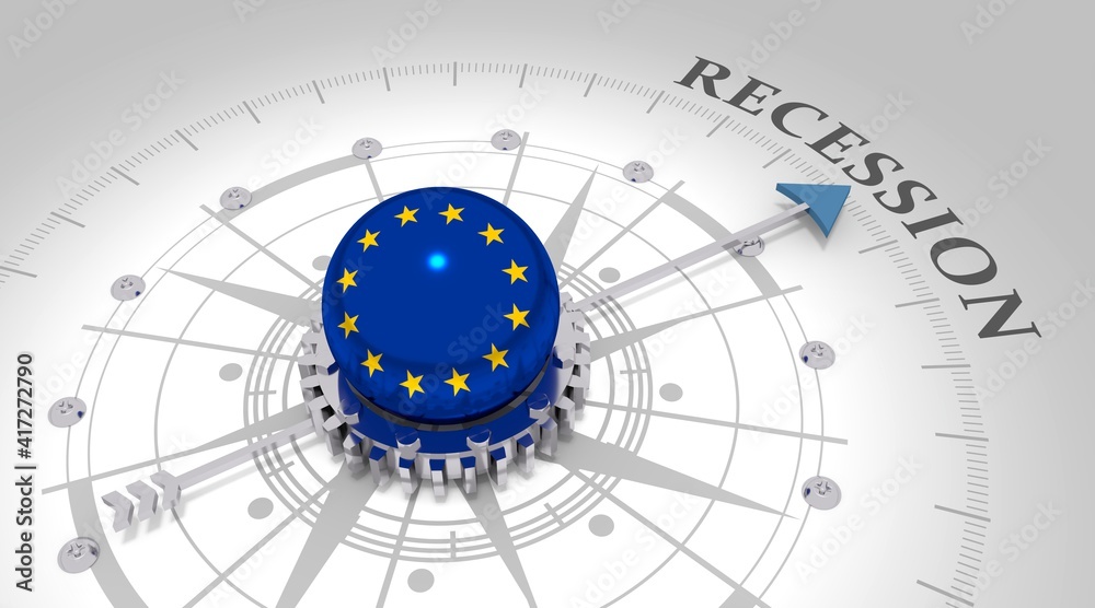 Business concept. Abstract compass points to the recession word. Flag of European Union. 3D rendering