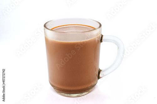 Glass of chocolate milk isolated white background