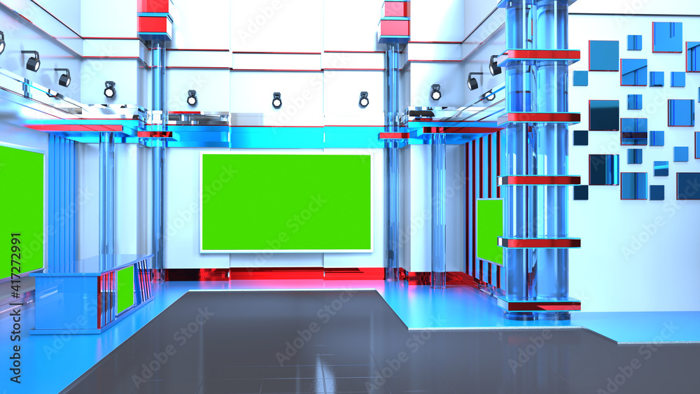 Naklejka premium News Studio, Backdrop For TV Shows .TV On Wall.3D Virtual News Studio Background, 3d illustration