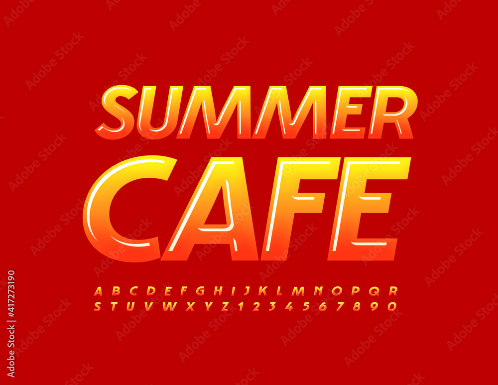 Vector bright emblem Summer Cafe. Gradient color Font. Stylish Alphabet Letters and Numbers set
