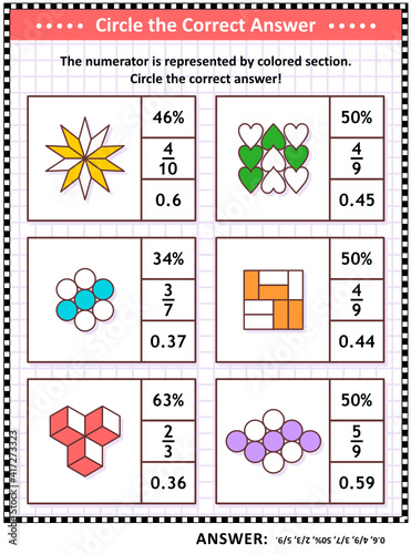 Math skills and IQ training visual puzzle or worksheet for schoolchildren and adults. Circle the correct answer. Find the number equivalent for each pictorial fraction representation.
