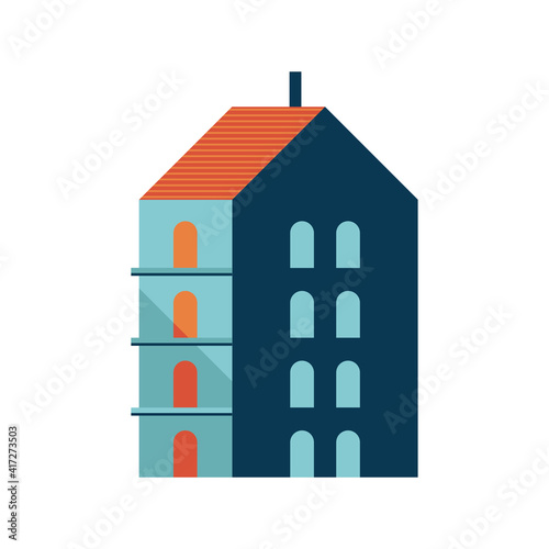 four story building blue and orange minimal city icon