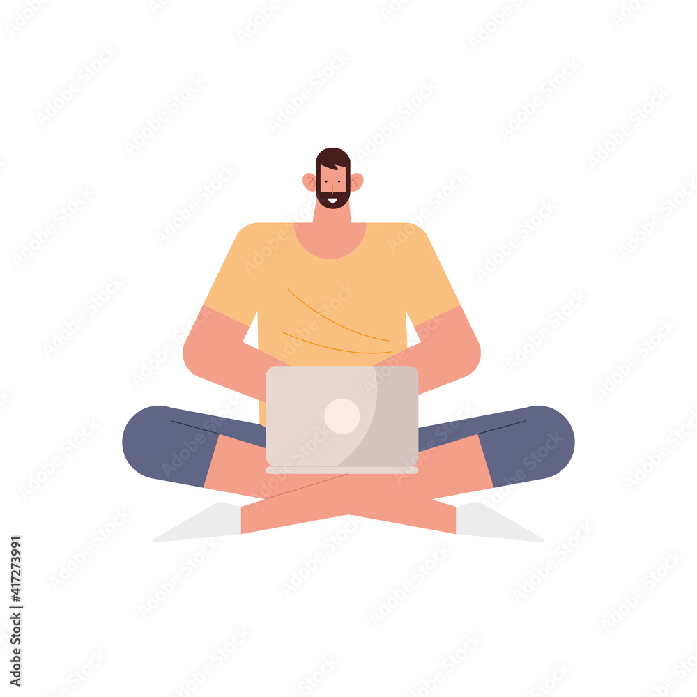 young man using laptop character young man using laptop character