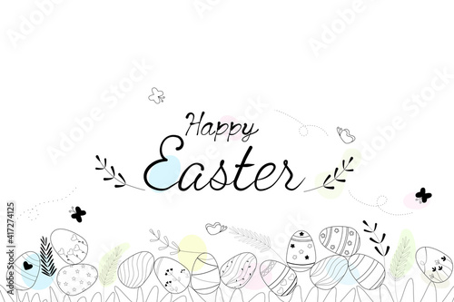 Vector - Black outline eggs with plant and butterfly on white background. Dot pastel color. Vintage style.