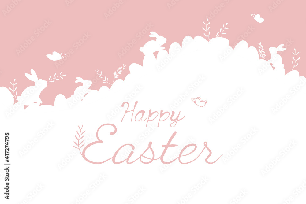 Vector - Happy Easter day. Pink and white outline eggs with plant and butterfly.