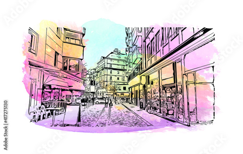 Building view with landmark of Bolzano is a city in the South Tyrol province of north Italy. Hand drawn sketch illustration in vector.