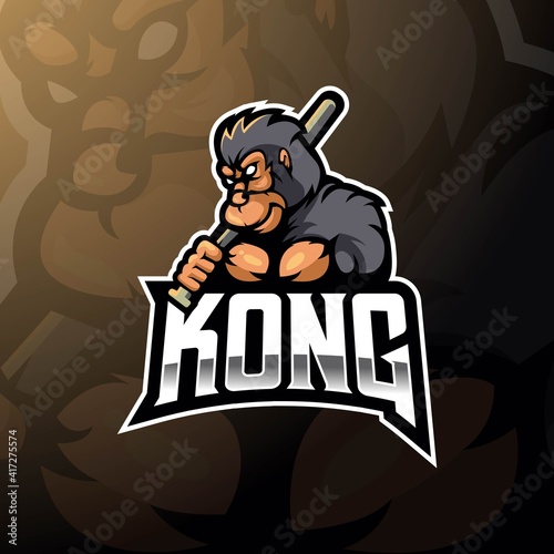 King kong mascot logo design vector with modern illustration concept style for badge, emblem and t-shirt printing. Illustration of King Kong carrying a baseball stick
