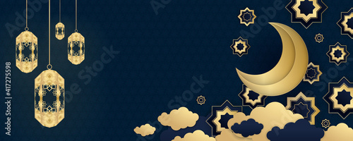 Blue gold ramadan ramadhan kareem background with moon lantern and islamic shapes