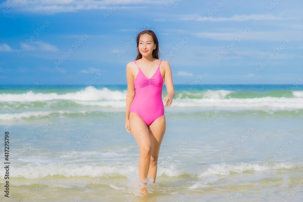 Portrait beautiful young asian woman relax smile around beach sea ocean Portrait beautiful young asian woman relax smile around beach sea ocean