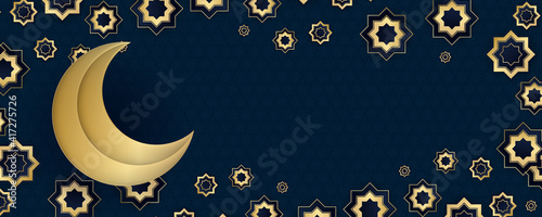 Blue gold ramadan ramadhan kareem background with moon lantern and islamic shapes