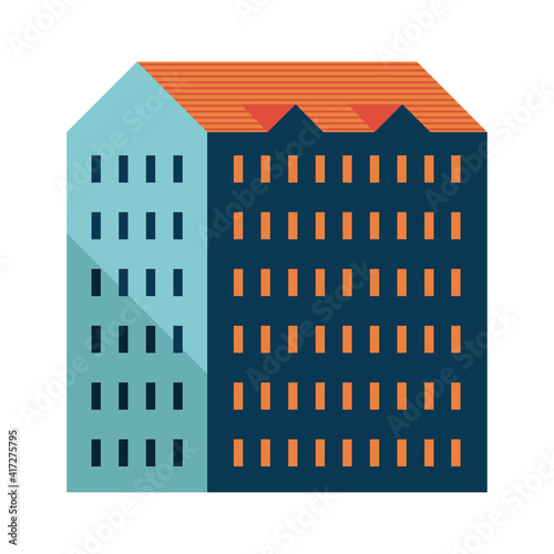 six story building blue and orange minimal city icon