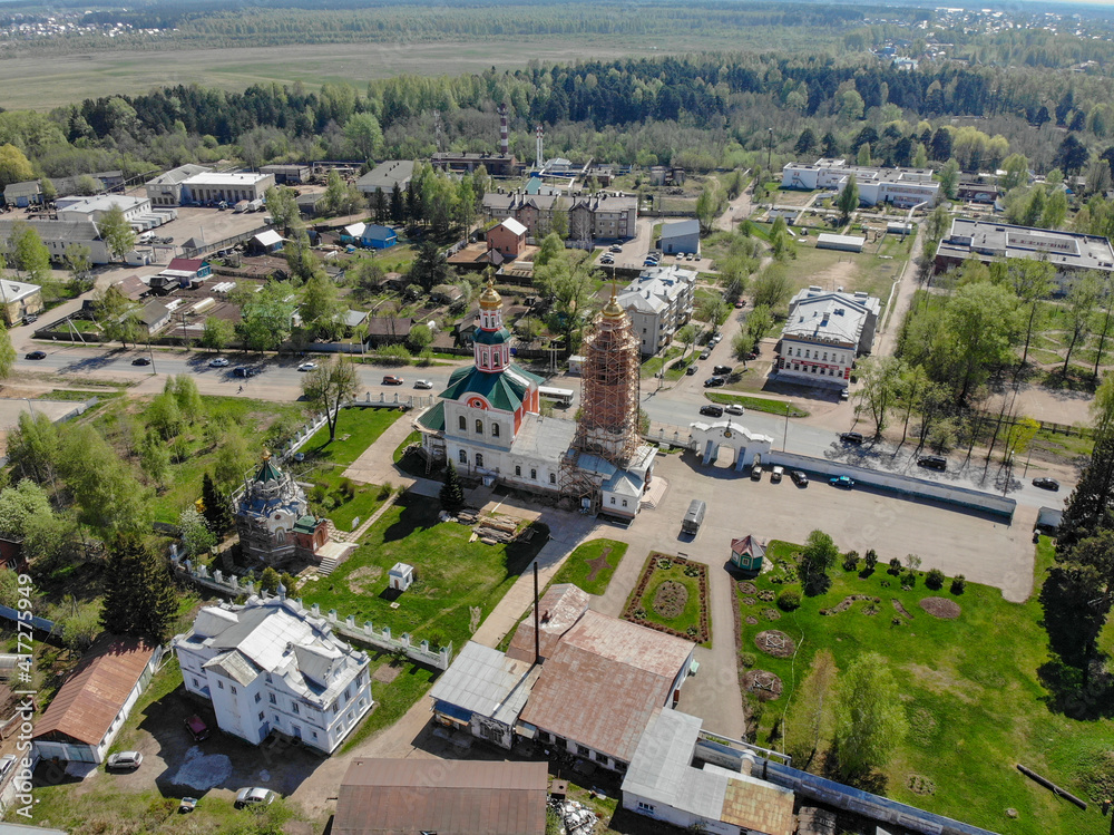 Aerial view of the church in Makarya (Kirov, Russia)