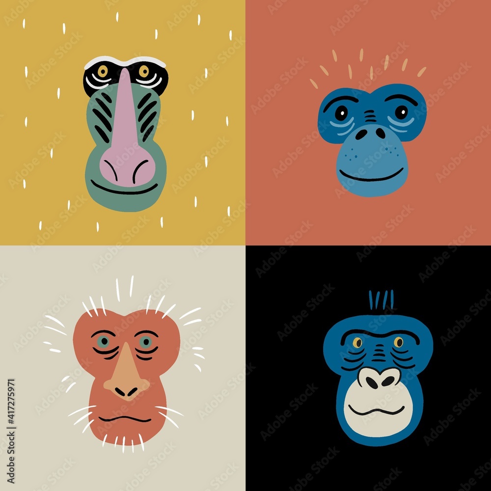 Cute vector primates in flat style. Chimpanzee, Orangutan, Gorilla, Liontailed macaque