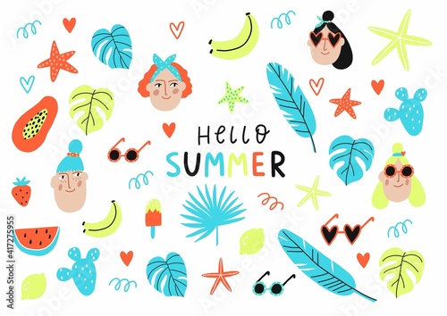 Fresh summer print in flat style. Summer girl portrait, palm, sea star, leaves, bananas, monstera, sunglasses, lemon, strawberries, beach, sea 