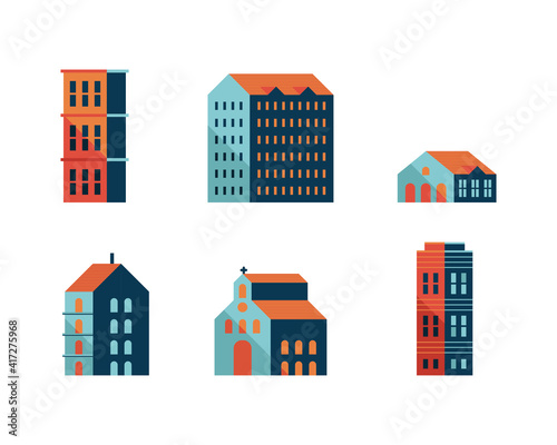 bundle of six buildings blue minimal city set icons