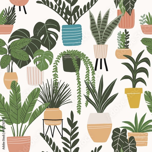 Trendy vector prints plants in flat style. Modern style is perfect for decor. Boho vector home plants  - seamless pattern