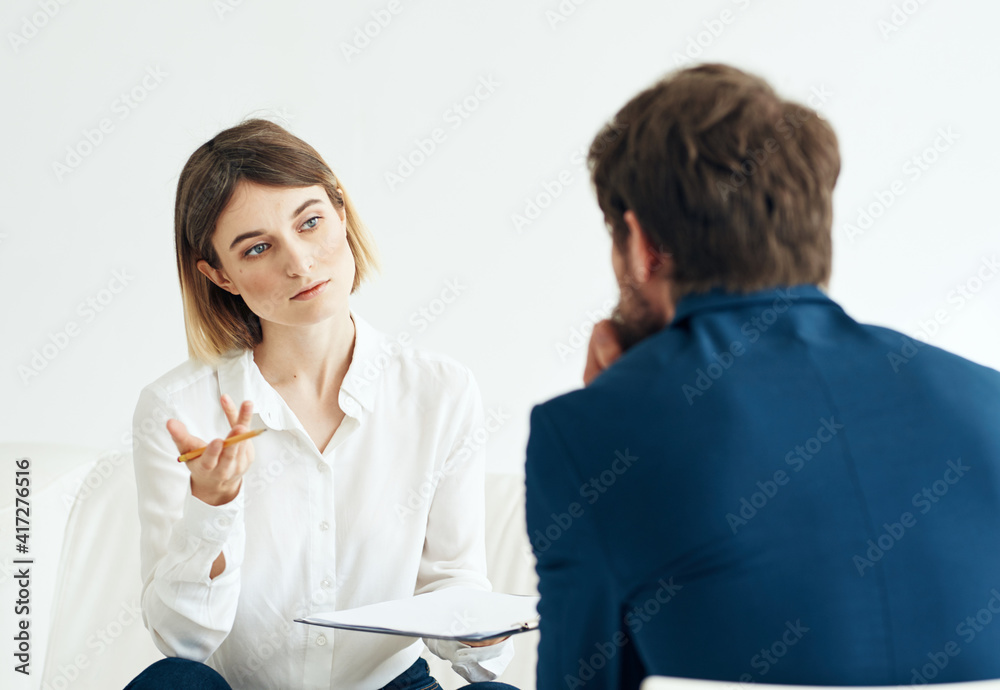 Woman and man suit documents communication people vacancies resume Woman and man suit documents communication people vacancies resume