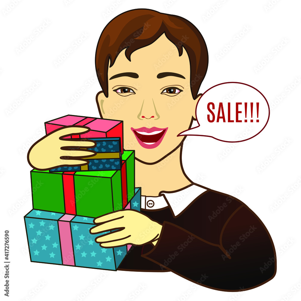 Young man carries a stack of wrapped multi-colored gifts and speaks sale, color vector illustration in retro style on white isolated background Young man carries a stack of wrapped multi-colored gifts and speaks sale, color vector illustration in retro style on white isolated background