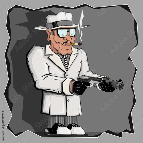 Gangster of The 30-th Years with a cigarette and a pistol. Vector illustration on a grey background.