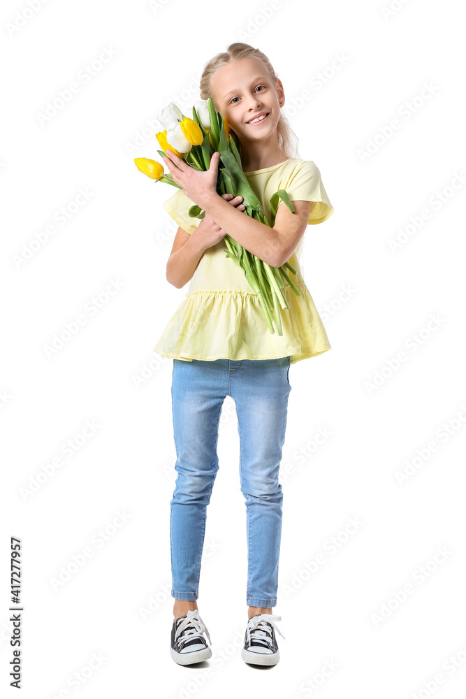 Cute little girl with spring flowers on white background Cute little girl with spring flowers on white background