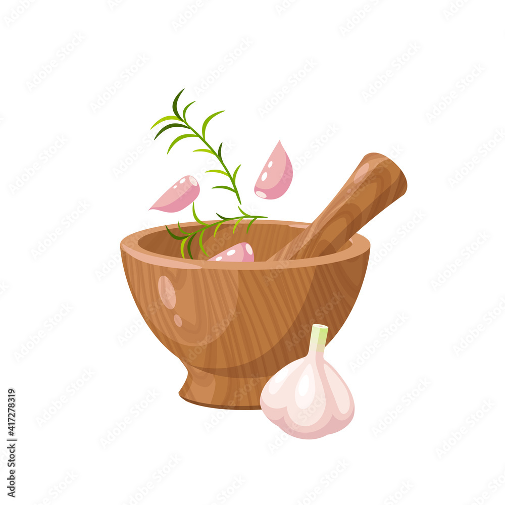 Pounding garlic and rosemary in wooden mortar. Vector illustration