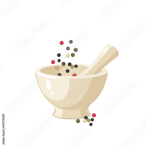 Pounding peppercorn mix in porcelain mortar. Vector illustration cartoon flat icon isolated on white background.