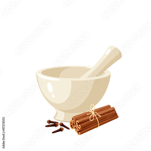 Cloves, heap of cinnamon sticks, porcelain mortar and pestle. Vector illustration cartoon flat icon isolated on white background.