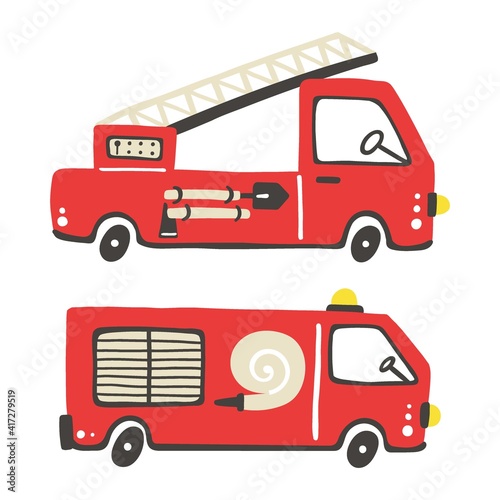 Firefighter set. Fire truck with ladder extinguisher and hose. Hand drawn trendy scandinavian style childish collection, kids doodle cars, textile print and nursery decor cartoon isolated illustration
