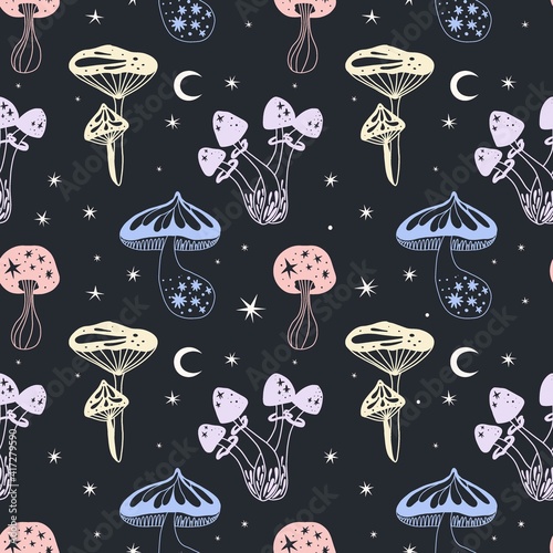 Space mushrooms seamless pattern. Hand drawn line pastel colored mushroom collection. Cosmos, magic or forest doodle plants, fantastic decor textile, wrapping paper wallpaper vector print or fabric