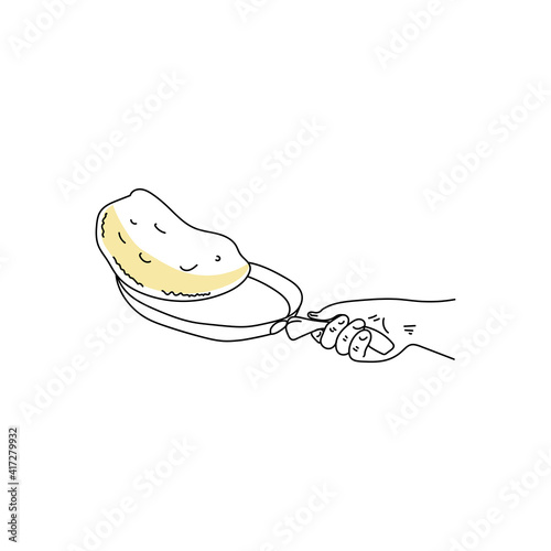 Pan with a pancake, doodle outline drawing of the process of turning a pancake in a pan