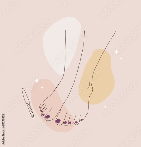 Female pedicured feet. Lady painting, polishing nails. Nail polish and nail file. Vector Illustration of elegant female feet in a trendy minimalist style. Beauty logo for nail studio or spa salon.